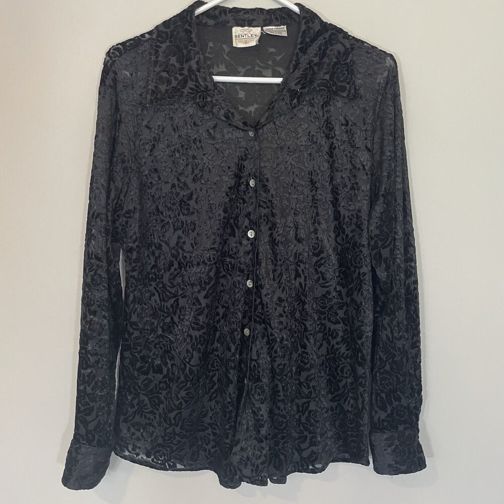 Vintage Bentley Sheer Floral Black Velvet Burnout‎ Blouse Womens L Whimsigoth
